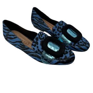 Vicenza Blue‎ Black Textured Leather Calf Hair Metallic Zebra Print Loafers 8
